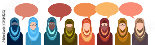 Arab People Group Chat Bubble Communication Concept, Muslim Talking Arabic Woman Social Network Flat Vector Illustration
