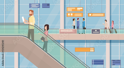 People Passengers Airport Hall Departure Terminal Interior Moving Staircase Flat Vector Illustration