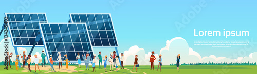 Business People Group Solar Energy Panel Renewable Station Presentation Flat Vector Illustration