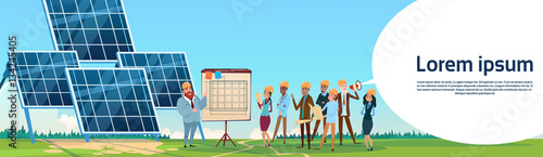 Business People Group Solar Energy Panel Renewable Station Presentation Flat Vector Illustration