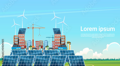 Wind Turbine Solar Energy Panel Renewable Station Flat Vector Illustration