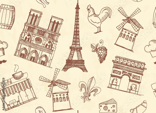 Seamless background with sketches on the theme of Paris and France
