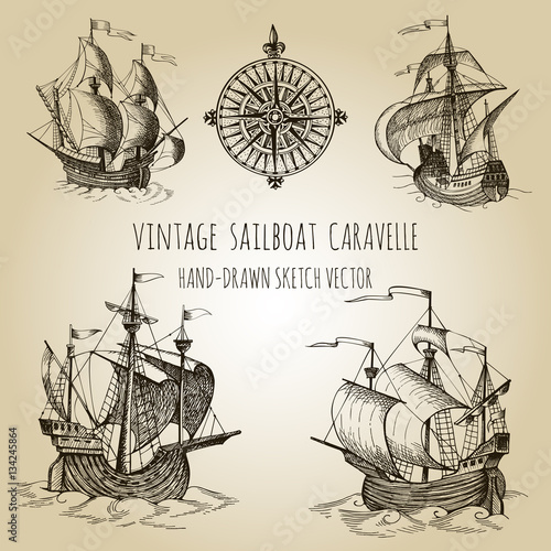 Old caravel, vintage sailboat.  Rose of Wind. Hand drawn vector sketch.