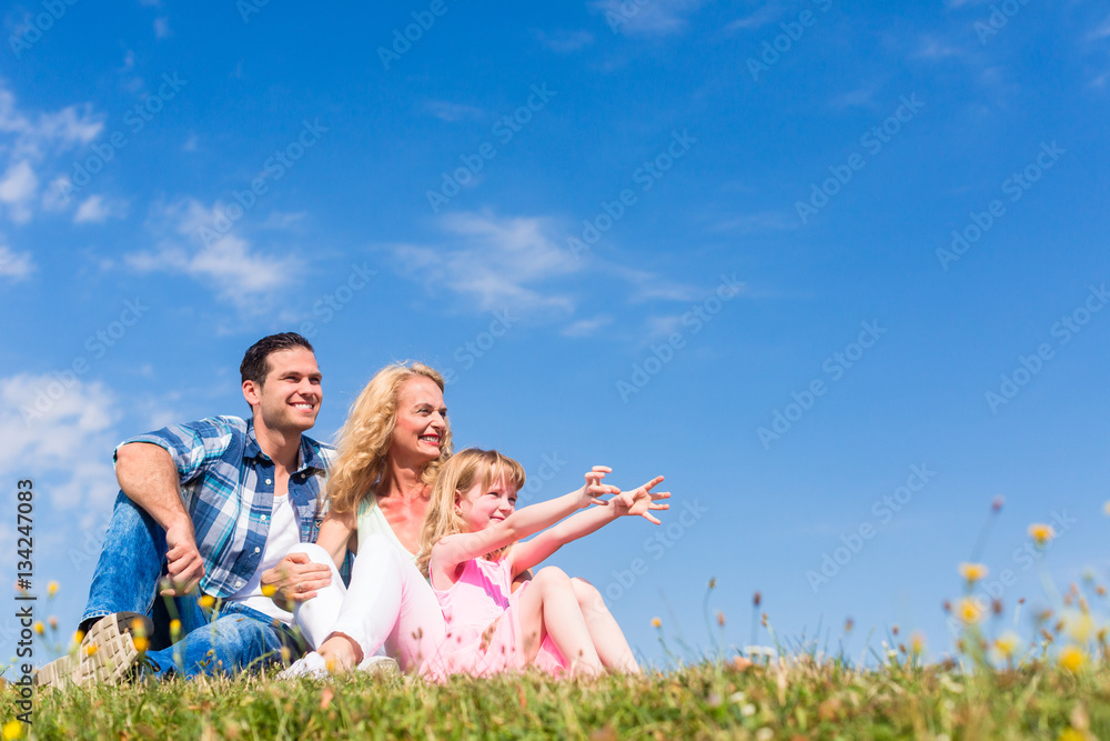 Naklejka premium Family sitting in green grass on meadow