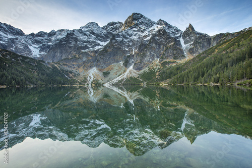 emerald lake under mountains