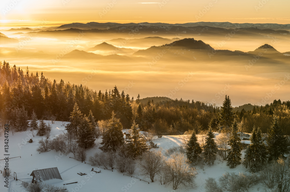 Morning panorama from Luban peak in Gorce mountains, Poland Morning panorama from Luban peak in Gorce mountains, Poland