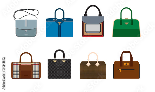 Woman luxury bag icons. Colorful vector set on white background