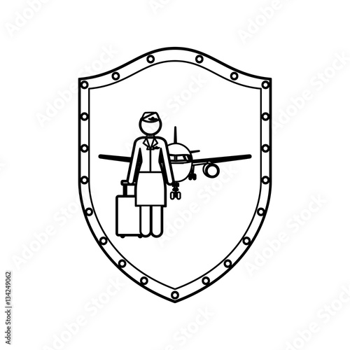 contour shield of flight attendant and aeroplane vector illustration