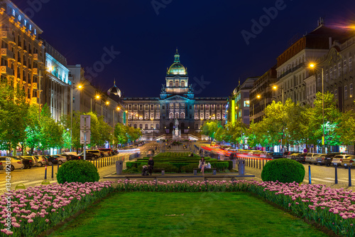 Night view of Wenceslas square and National Museum in Prague, Czech Republic photo