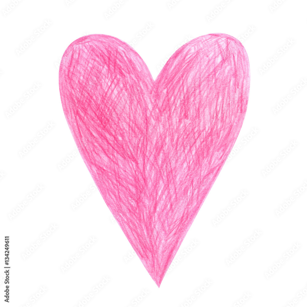 Pencil hand drawn pink heart isolated on white background.Valen Pencil hand drawn pink heart isolated on white background.Valen