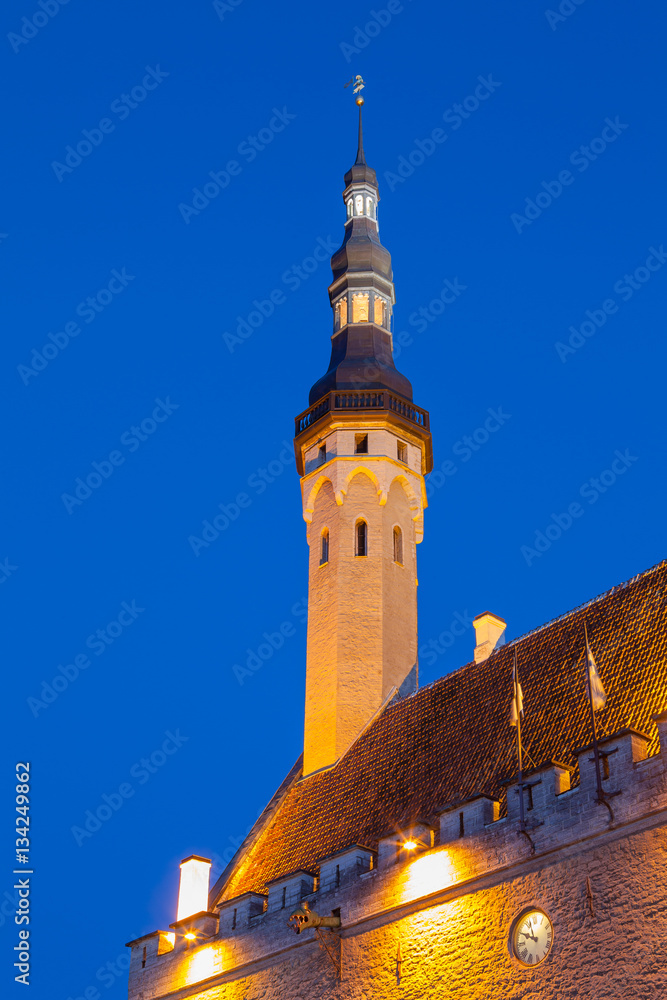 City hall tower in Tallinn, Estonia. Night view.