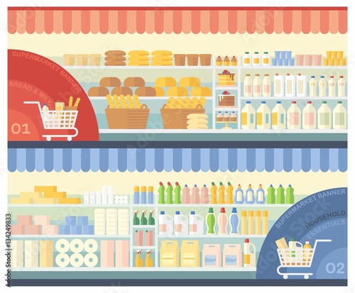 The interior of the supermarket with food and household cleaning products