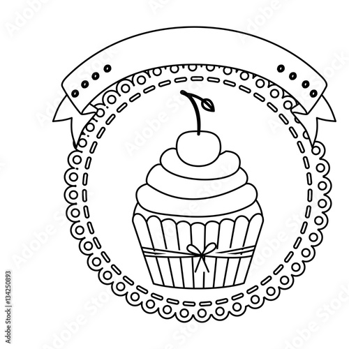 contour circular border with cupcake with cream and cherry vector illustration