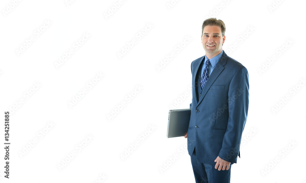 Traveling business or sales man standing holding laptop (half view)