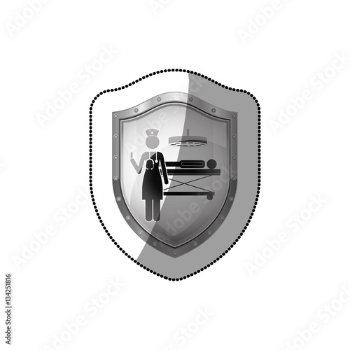 sticker shield with nurse in operations room with pacient vector illustration