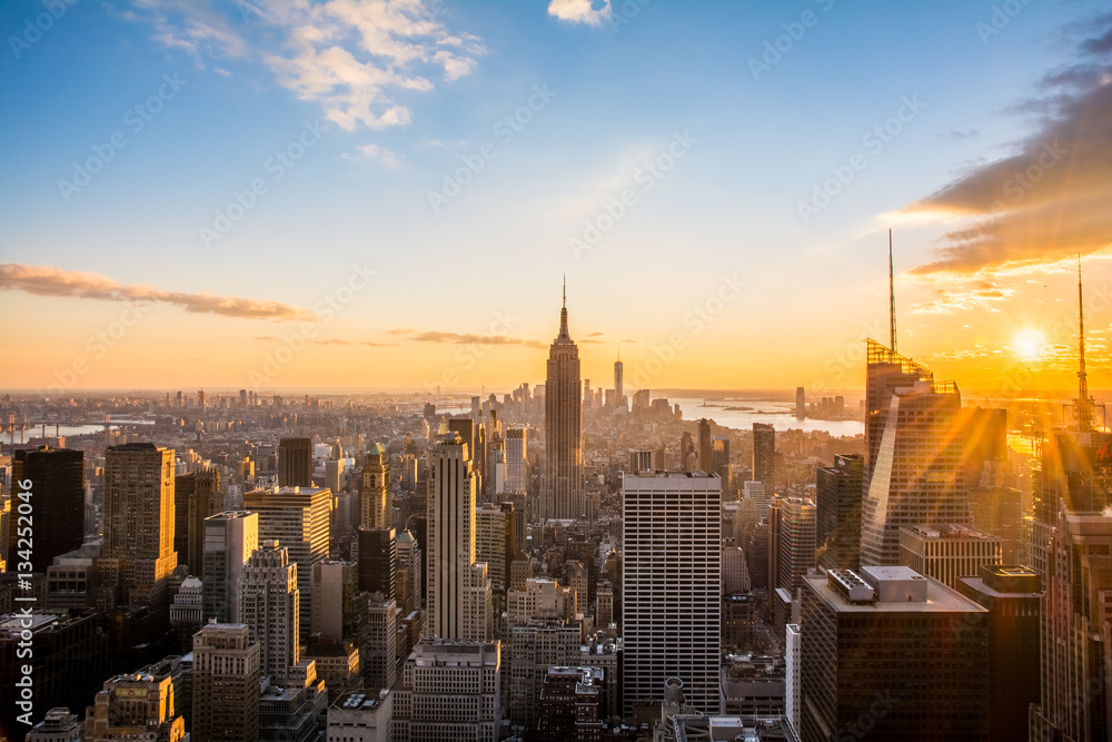 New York City Skyline, at sunset view from Rockefeller Center, United States