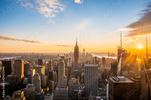 New York City Skyline  at sunset view from Rockefeller Center  United States