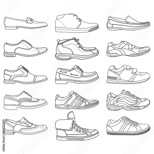 Set with different types of men's outline shoes in vector. Doodle collection. Including Brogues, boat shoes, loafers, sneakers and other. photo