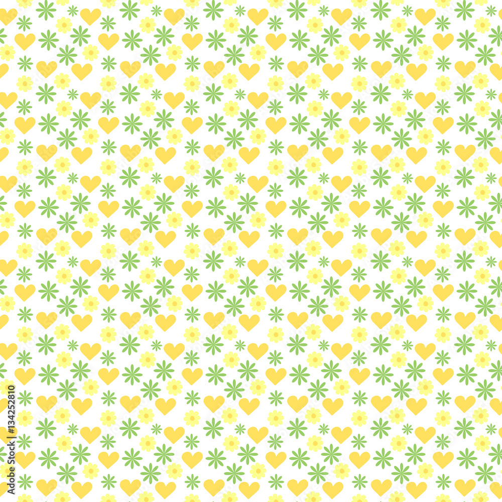Hand drawn cute seamless pattern with hearts and flowers. Green, orange and yellow colors. Hand drawn cute seamless pattern with hearts and flowers. Green, orange and yellow colors.