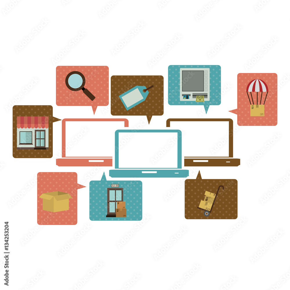 silhouette with computers and online commerce icons vector illustration