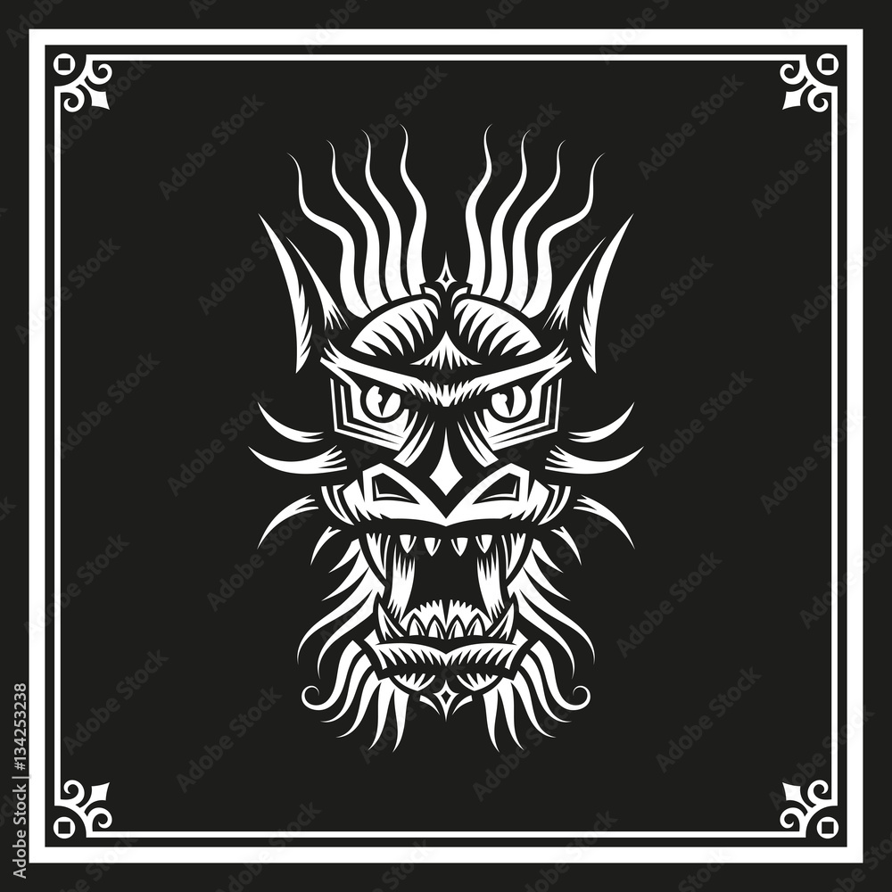 Chinese dragon's head in a frame on a white on a black background. Vector illustration.