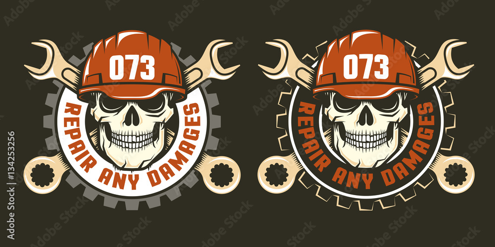 Template of repair service logo - skull in a red helmet with spanners. Two versions on a dark background. Vector illustration.