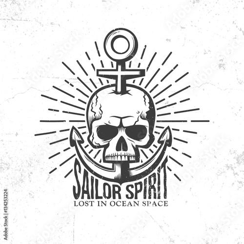 Marine tattoo logo - a skull pierced anchor in retro style. Vector illustration. Worn textures on a separate layer - easy to disable.