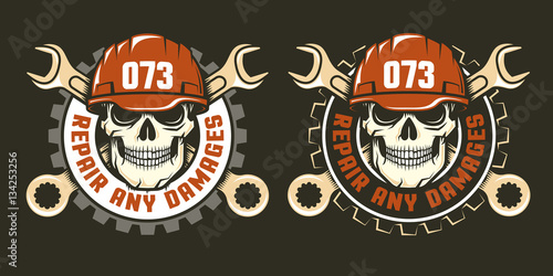 Template of repair service logo - skull in a red helmet with spanners. Two versions on a dark background. Vector illustration.