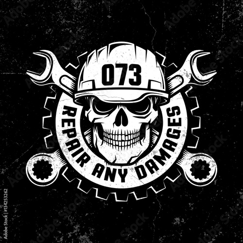 Repair workshop logo on dark background - skull in a hard hat with crossed spanners and gear. Grunge texture on separate layers and can be easily disabled.