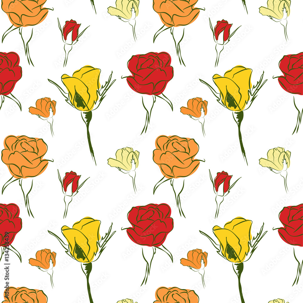 Hand drawn beautiful roses on white background, vector illustration. Seamless pattern for prints, textile, wrapping paper etc