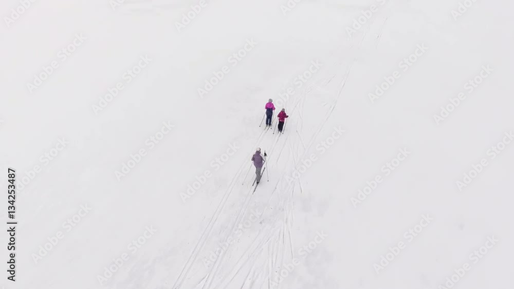 Camera flying back of Caucasian family running on skies on the ice of lake at winter. Top view Camera flying back of Caucasian family running on skies on the ice of lake at winter. Top view