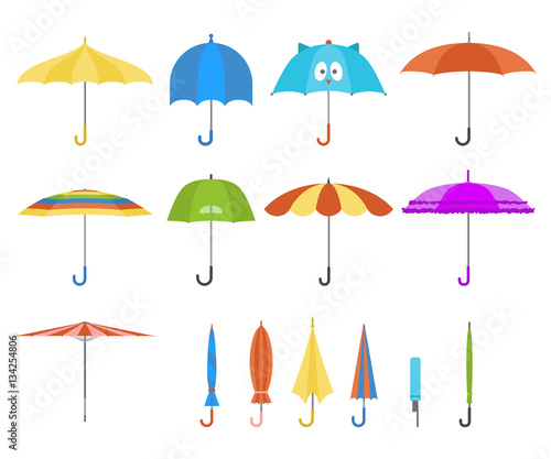 Set of vector cute multicolor umbrellas in flat design style. Closed and open fashion icons. Cover accessory. Modern style. Protection from rain and sun.