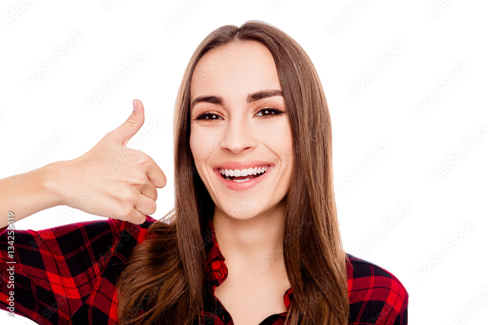 Portrait of pretty cheerful happy woman showing like Portrait of pretty cheerful happy woman showing like
