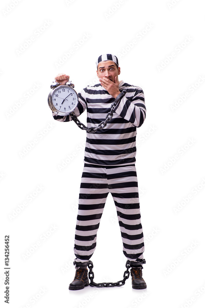 Man prisoner with clock isolated on white Man prisoner with clock isolated on white