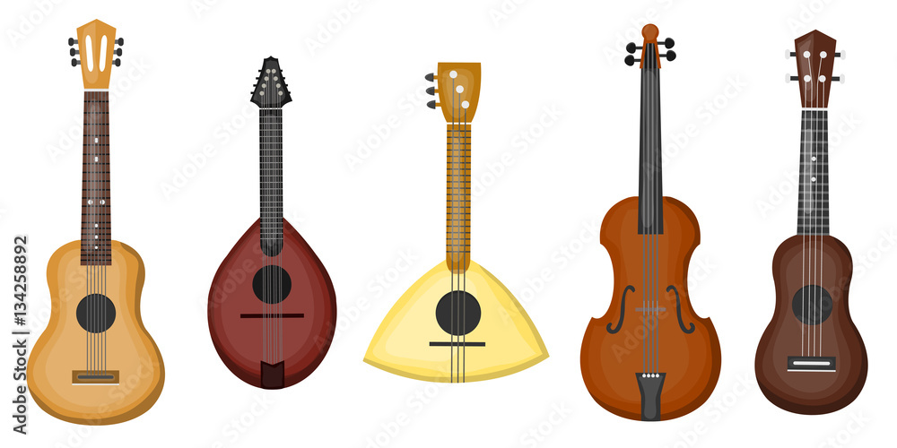 Naklejka premium Vector cartoon collection with different type of guitars on the white background. Concept of music and musical instruments.