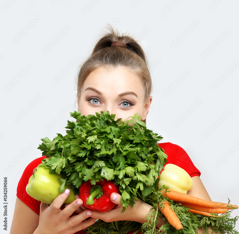 Woman with vegetable groceries Woman with vegetable groceries