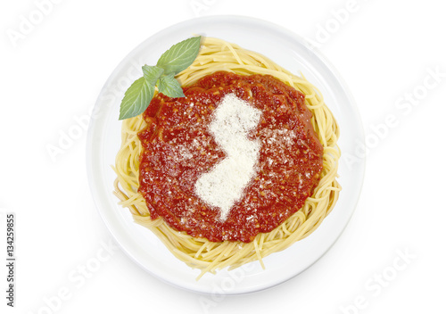Dish of pasta with parmesan cheese shaped as New Jersey.(series)