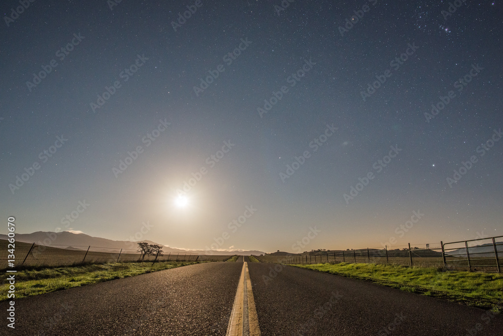 Country Road, Rising Full Moon, and Winter Stars in Solvang and Santa Ynez, California on a Full Moon Night