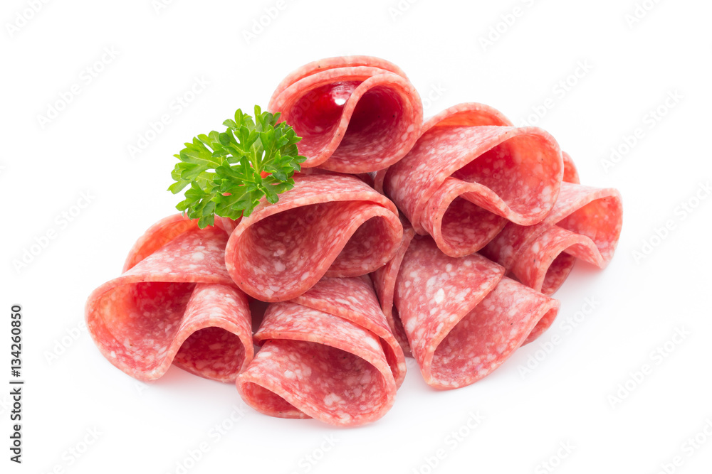 Salami sausage slices isolated on white background. Salami sausage slices isolated on white background.