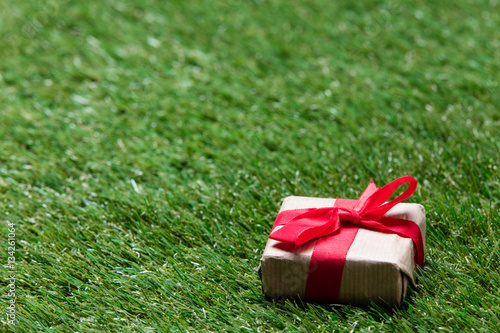 Red little gift box on spring green grass lawn background