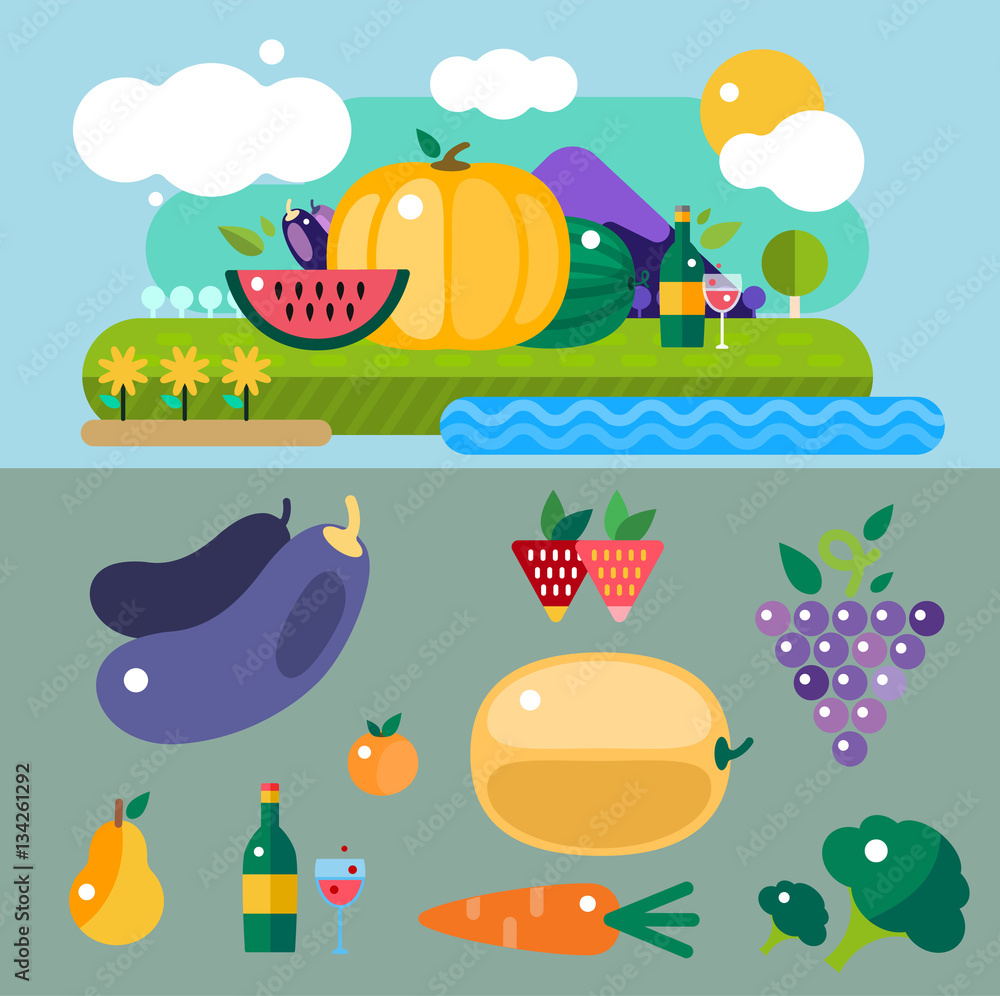 Naklejka premium Set of colorful cartoon fruit icons vector illustration.