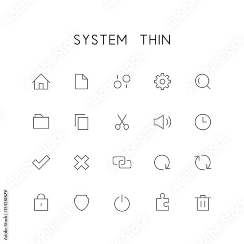 System thin icon set - home, file, settings, gear, search, folder, copy, scissors, sound, clock, check mark, delete, link, refresh, lock, shield and others simple vector symbols. Computer signs.