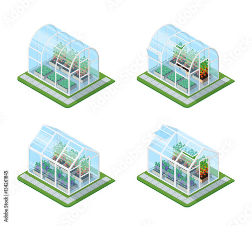 Glass Greenhouse Isometric Set 