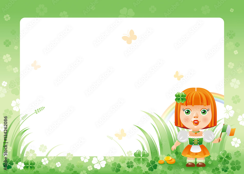 Happy Saint Patrick day. Irish dress baby girl border corner, isolated white background. Shamrock clover frame, rainbow, green grass. Traditional for Northern Ireland celtic holiday. Template poster.