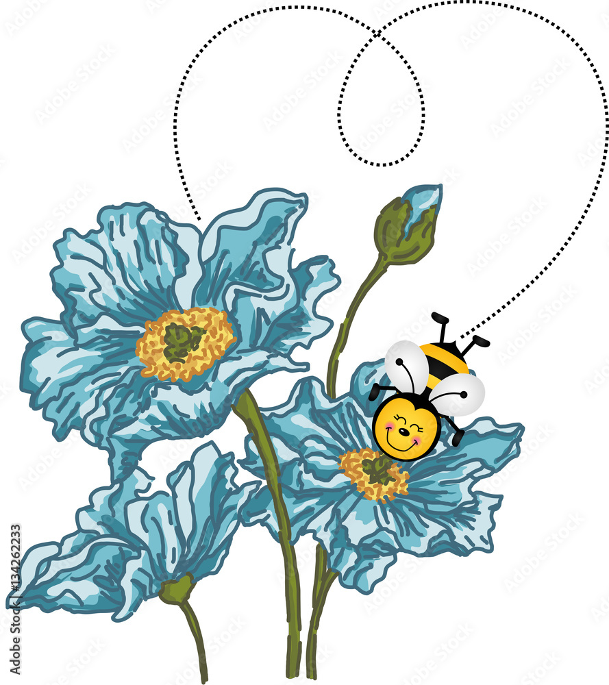 Obraz premium Bee forming a heart with your flight on blue flower