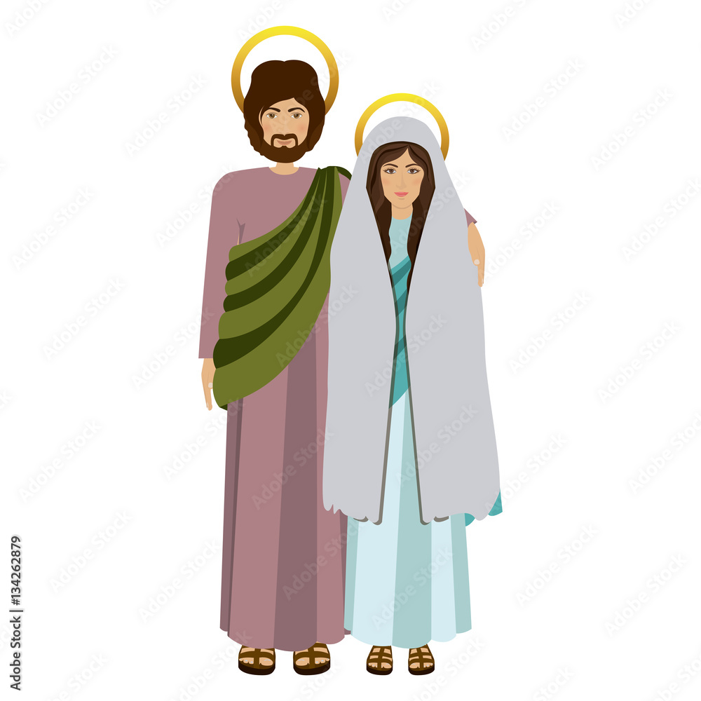 picture colorful virgin mary and saint joseph embraced vector illustration