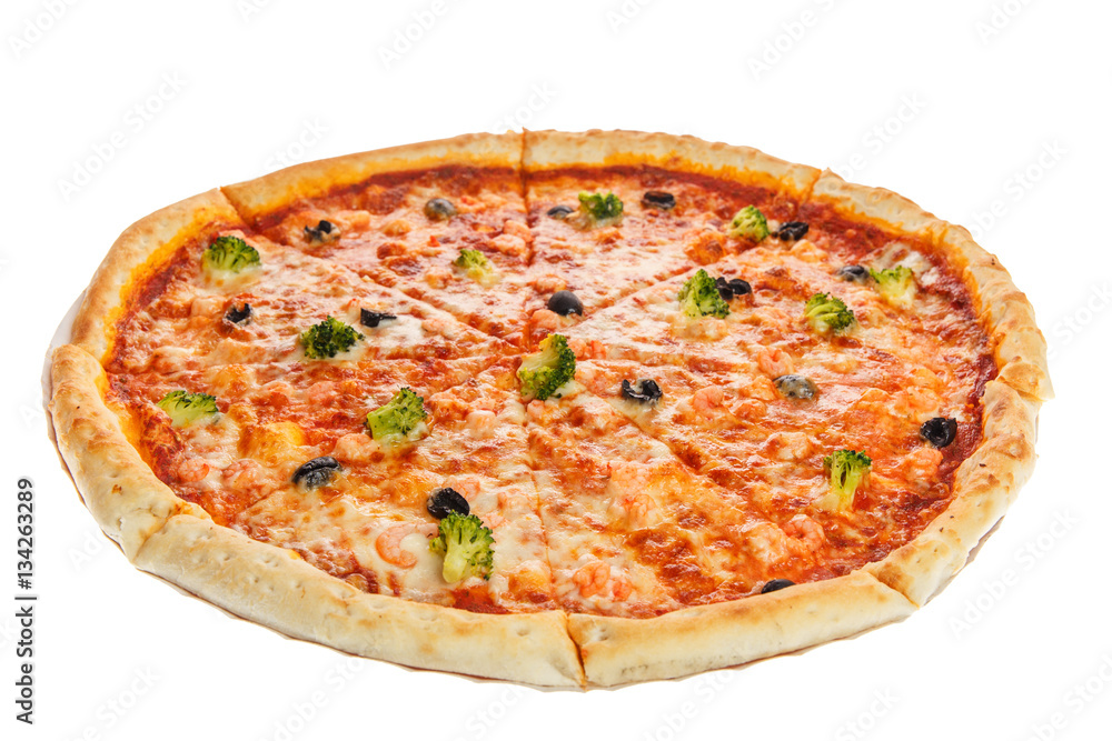 Delicious italian pizza with seafood, vegetables and cheese