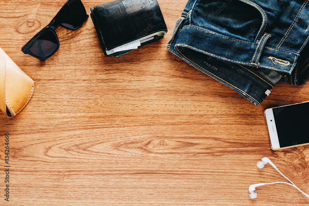 Men's accessories on wooden table. Men's accessories on wooden table.