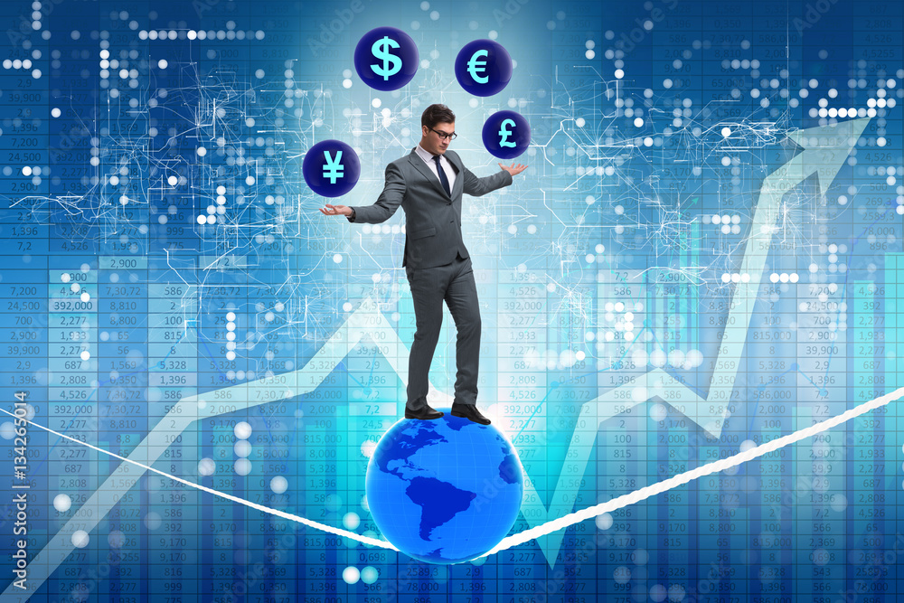 Businessman juggling between various currencies Businessman juggling between various currencies