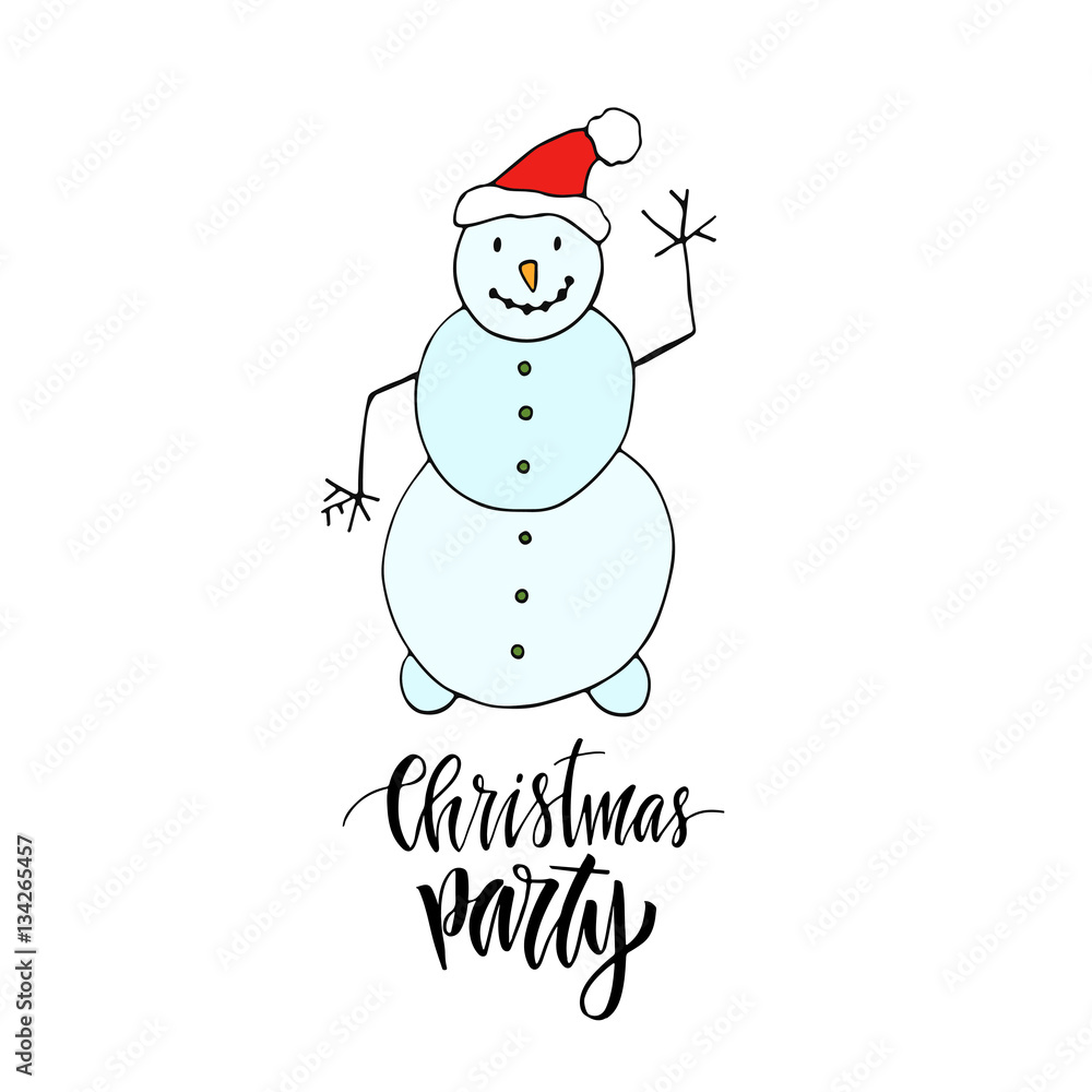 New year greeting card with dancing snowman. Christmas Party greeting card with modern calligraphy